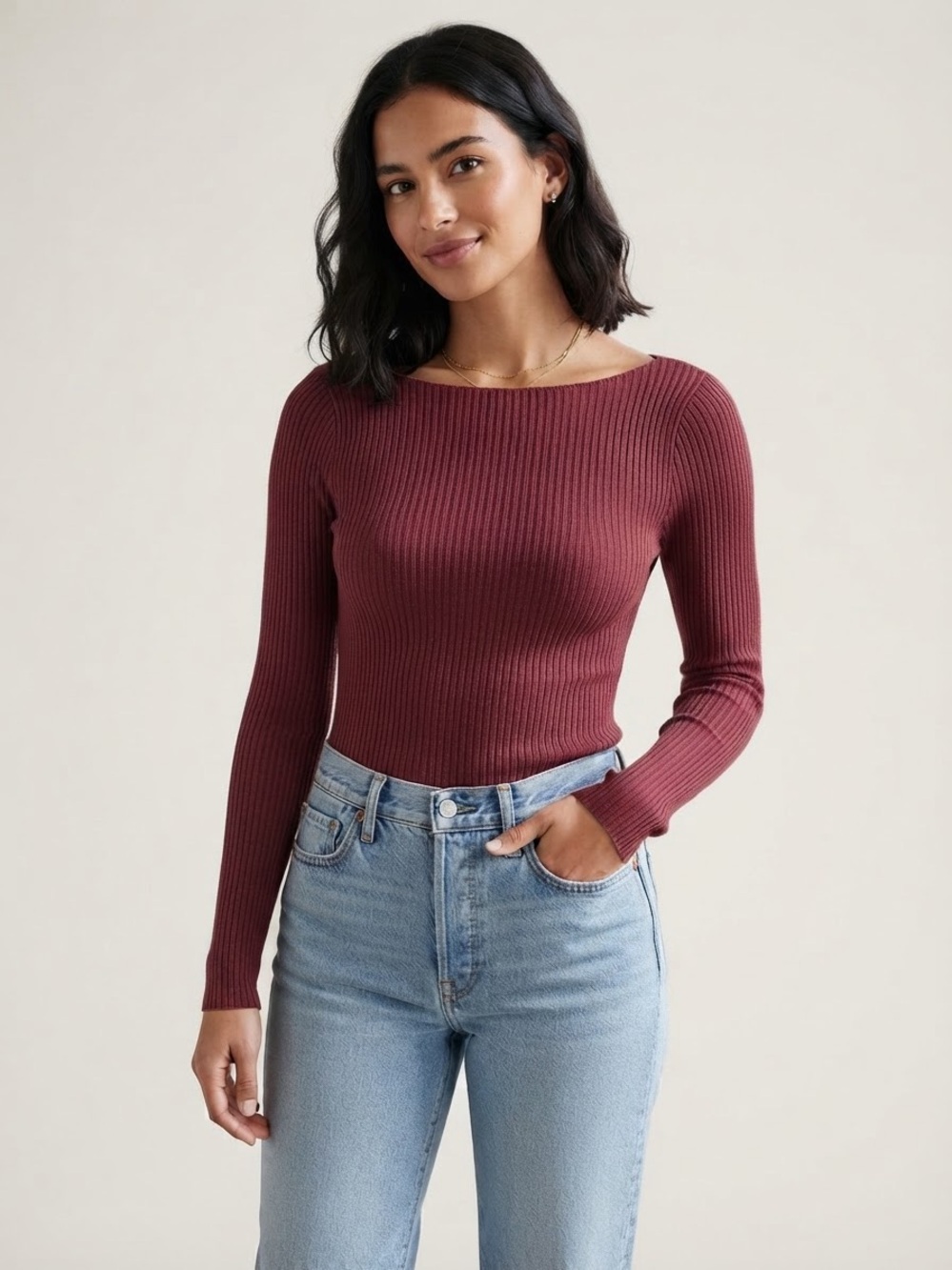 Abercrombie & Fitch Ribbed Boatneck Long Sleeve Top in Wine